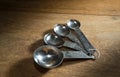 Metal measuring spoon on wood table. Royalty Free Stock Photo