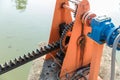 Metal mechanical gear on the floodgate. Water Lock Gate Control Gears. Gears of the river flood dam.