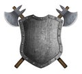 Metal medieval heraldic shield with crossed battle axes 3d illustration