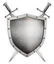 Metal medieval shield and crossed swords behind coat of arms