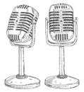 Metal microphone on a stand. Vintage vector black engraving illustration Royalty Free Stock Photo