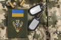 Metal military ID tags, bullet shells and Ukrainian army patch on camouflage background, flat lay Royalty Free Stock Photo