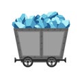 Metal mine cart loaded with crystals. Cartoon mine trolley. Vector design illustration isolated on white background