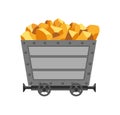 Metal mine cart loaded with gold. Cartoon mine trolley. Vector design illustration isolated on white background