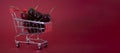 A metal mini supermarket cart filled with juicy red cherries on a bardic background. copy space Royalty Free Stock Photo