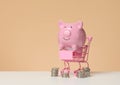 Metal miniature shopping cart and pink piggy bank on a white table, brown background. Concept of saving budget, discounts Royalty Free Stock Photo