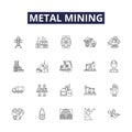 Metal mining line vector icons and signs. Metal, Ore, Extracting, Crushing, Processing, Drill, Drilling, Excavation