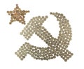 Metal money of the USSR laid out in the form of a hammer and sickle sign on a white background