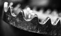 Metal motorcycle foot peg in macro, black and white. Artsy. Old and rusty.