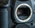 Metal mount of a DSLR digital camera with mirror down Royalty Free Stock Photo