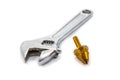 metal nut and metal spanner Royalty Free Stock Photo