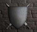 Metal old shield with crossed swords on brick wall 3d illustration