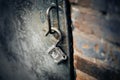 Metal open lock hangs on the door handle Royalty Free Stock Photo