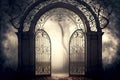 metal openwork gate in doorway with stone arch in foggy park