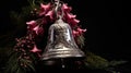 metal Orthodox church bells, a bottom view of the church bells against a background of green pine branches, emphasize