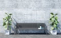 Metal outdoor bench with decorative plants on bright concrete wall background, outdoor exterior