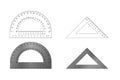 Metal and outline protractor and angular ruler set. Royalty Free Stock Photo