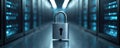 Metal padlock on data center background. The lock symbolizes tech security protection and digital safety. Concept about Royalty Free Stock Photo