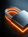 Metal padlock glowing with vibrant orange light on dark surface symbolizing security and protection in digital and physical Royalty Free Stock Photo