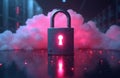 Metal padlock secures digital cloud data within server room. Secure storage, safe information, network protection concept art. Royalty Free Stock Photo