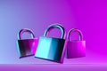 Metal padlocks against neon color background as symbol of security. 3d render