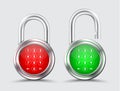 Metal padlocks, digital password on a red and green dial.