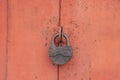 Metal padlocks on the iron door . On steel hinges.