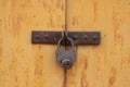 Metal padlocks on the iron door . On steel hinges.