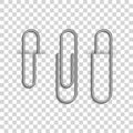 Metal paper clips isolated on transparent background. Metal paper clips attached to paper. Vector illustration Royalty Free Stock Photo