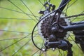 Metal parts of the bike-chain, rear cassette, switch, brakes, gear levers on the background of blurred grass. A sprocket on a Bicy