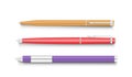 Metal pen for writing, luxury ball point stationery tool set. Modern colorful office pens realistic