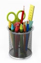 Metal pencil holder with school supplies. 3D illustration