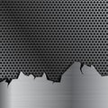 Metal perforated background with stainless steel element with torn edges Royalty Free Stock Photo