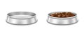 Metal pet bowls with food for dog or cat