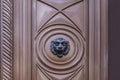 A metal piece shaped like a lion's head embedded in a vintage exterior wooden door Royalty Free Stock Photo