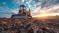 Metal pile driver with long arms sinking slowly into soft earth beneath the vast open sky