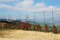 Metal pilgrim statues in Puerto del Perdon mountain port, Camino de Santiago, Navarra, Spain