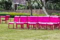 Metal pink-colored chairs on a green lawn in city park, comfortable for relaxing in an urban environment