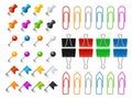 Metal pins and paper clips. Realistic office paperclips. Color stationery trivia. Thumbtacks and fasteners. Buttons for