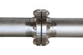 Metal pipe flanges with bolts on an isolated background. Pipe line in oil and gas industry and installed in plant or process.