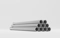 Metal pipes stack, round straight aluminum, stainless or pvc plumbing pipelines 3d illustration. Galvanized parts for Royalty Free Stock Photo