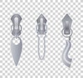 Metal or plastic fasteners, zippers. Fastener and zipper isolated, zippered accessories illustration. Set of silver Royalty Free Stock Photo