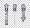 Metal or plastic fasteners, zippers. Fastener and zipper isolated, zippered accessories illustration. Set of silver Royalty Free Stock Photo