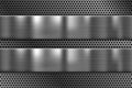 Metal plates on perforated texture. 3d shiny iron background