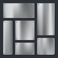 Metal plates. Steel plate, stainless panel chrome tag with screws. Industrial technology metallic blank realistic