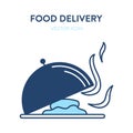 Metal platter icon. Vector concept illustration of a slightly open metal plate with steaming fragrance food inside. Represents a