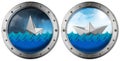 Metal Porthole with Blue Waves and White Paper Boat Isolated on White Royalty Free Stock Photo