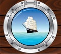 Metal porthole and tallship in the ocean