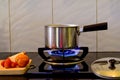 Metal pot on the flame gas stove for boiling water Soup, Royalty Free Stock Photo