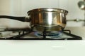 Metal pot with food on gas stove with fire, close-up side view of flame, natural gas at home for cooking food, concept of Royalty Free Stock Photo